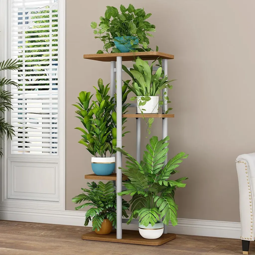 Étagère d'angle porte-plante 4 étages en métal et bois style vintage