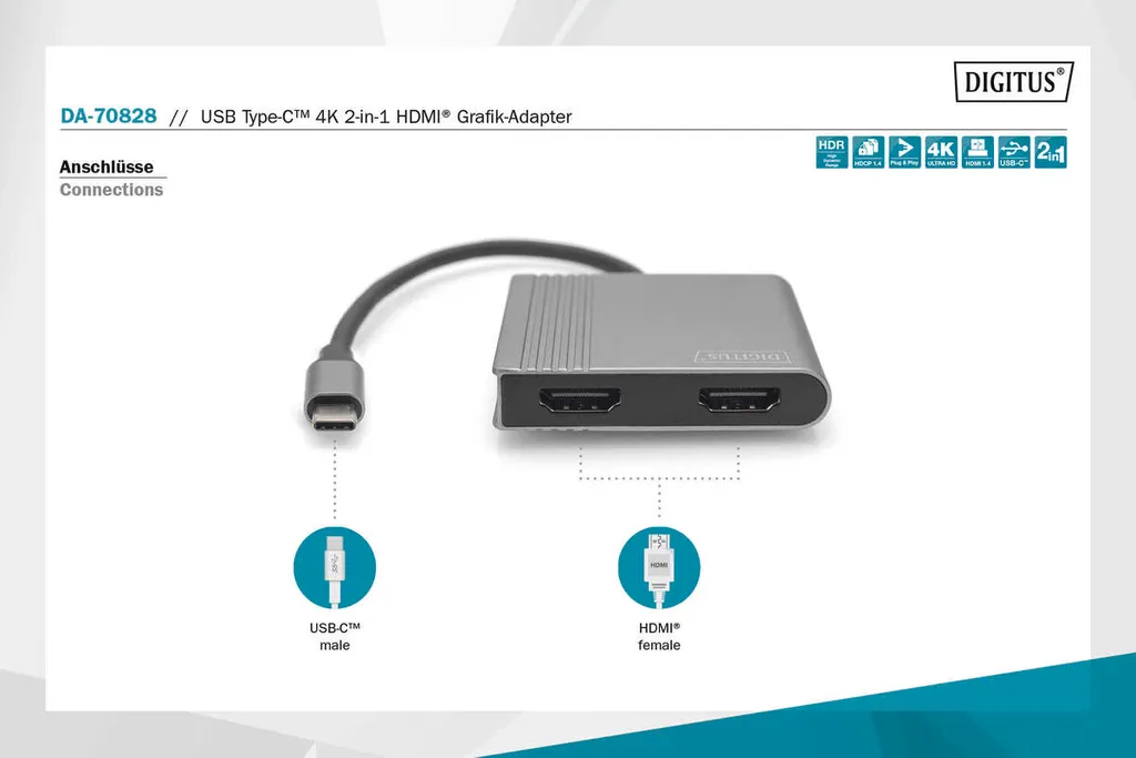 DIGITUS DA-70822 Adaptateur Graphique HDMI USB Type-C 4K 2-en-1 Noir