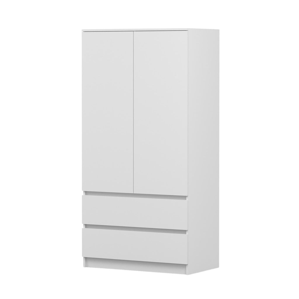 Drehtürenschrank SOLO 2D2S, Schlafzimmer, Kleiderschrank Schrank 90 cm Weiß/Weiß, zweitürig, zwei Schubladen, grifflos