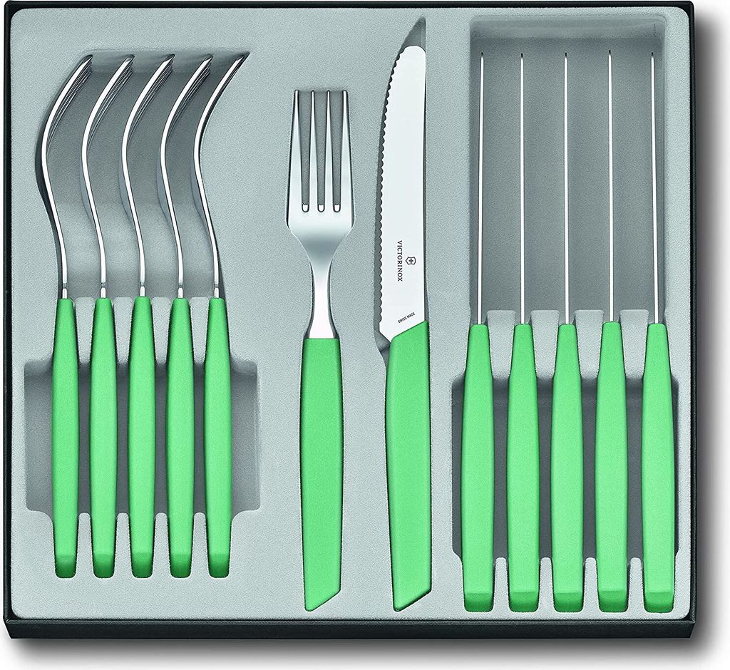 Victorinox Swiss Modern Besteck-Set für 6 Personen, 12-teilig, inkl. scharfe Messer mit Wellenschliff, Kunststoffgriffe, Minzgrün