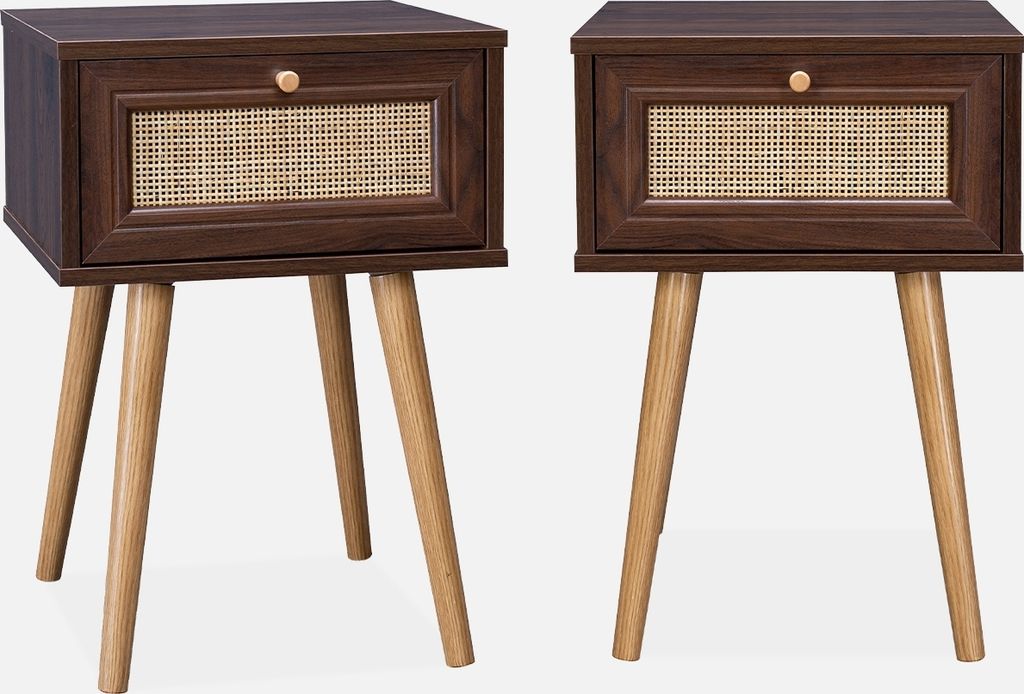 Two identical dark wood nightstands with rattan drawer fronts and light wood legs are displayed against a white background.