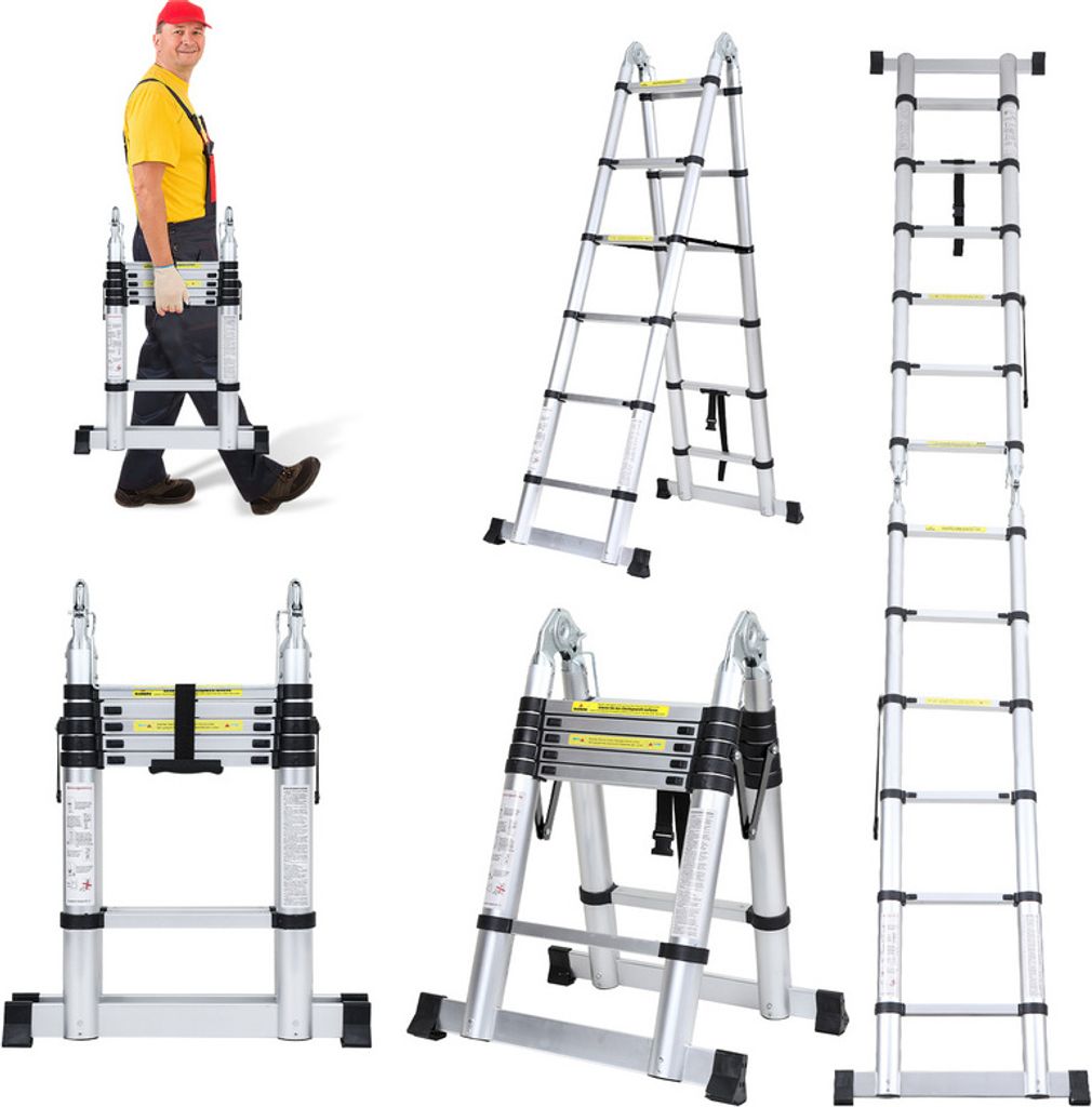 Jopassy Teleskopleiter Ausziehleiter Klappleiter Stabil Aluminium Stehleiter 1,9m+1,9m Silber ohne haken Mit Stabilisator