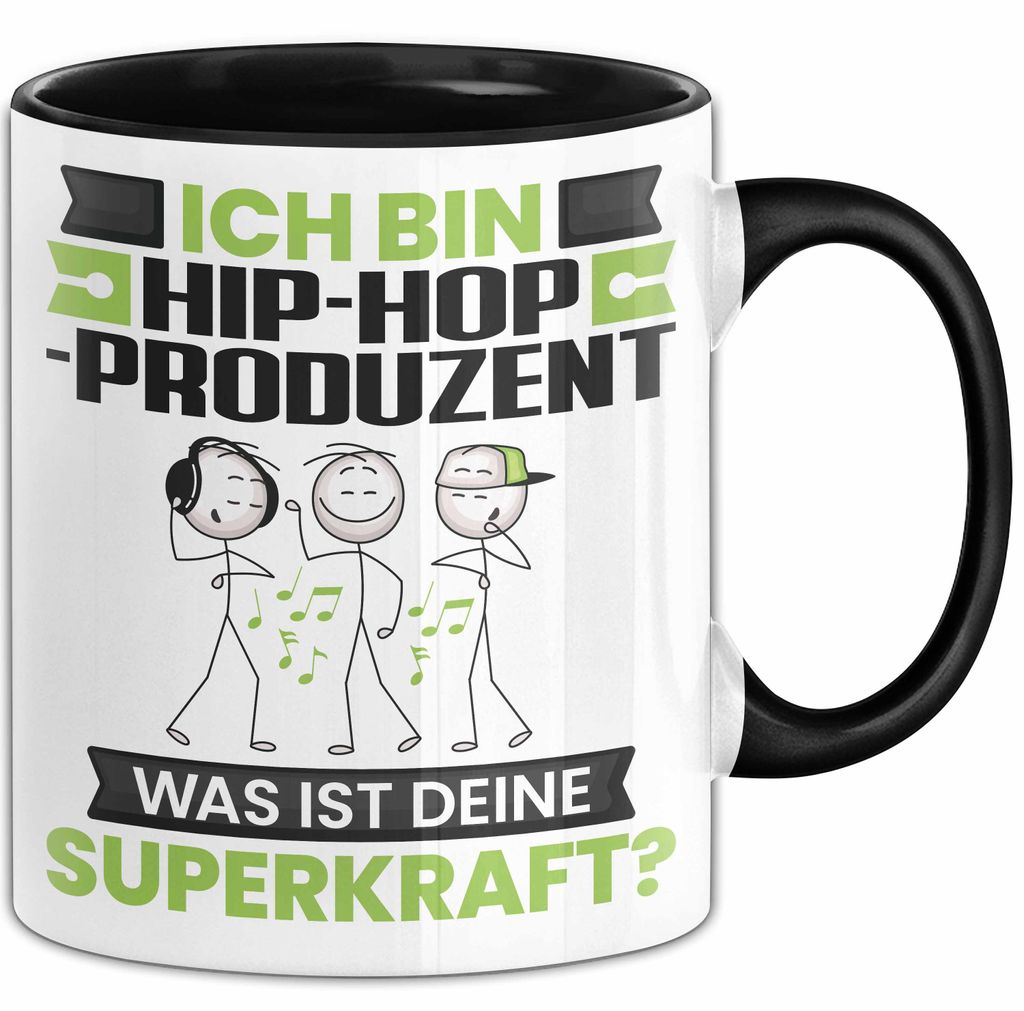 Hip-Hop-Produzent Tasse Geschenk für Hip-Hop-Produzent Geburtstag Lustiger Spruch Kaffee-Becher Was Ist Deine Superkraft (Schwarz)