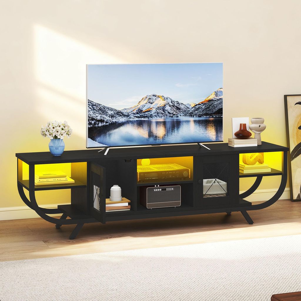 TV-Schrank für bis zu 65 Zoll mit LED-Leuchten, Aufbewahrungsschränken und offenen Regalen, Metallrahmen 160 x 35 x 45 cm