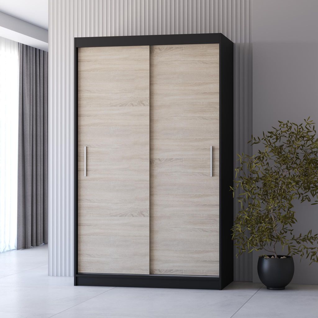 Schwebetürenschrank Kleiderschrank Neomi 04 - 120 cm, Schwarz/Sonoma