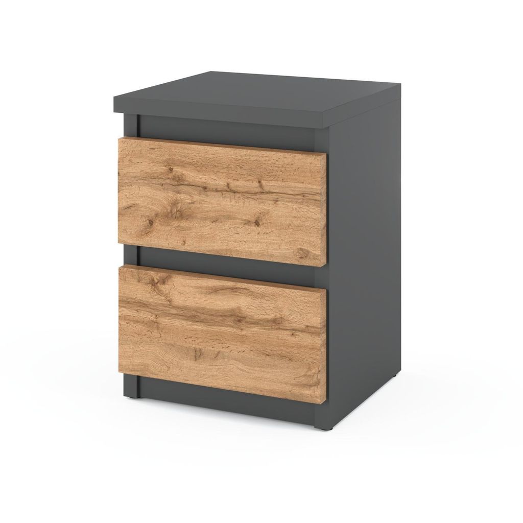 A modern nightstand with two drawers, featuring a matte gray exterior and wood-effect drawer fronts.