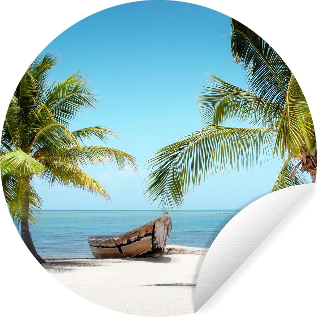 MuchoWow Runde Wandtattoo - Wandsticker Tapete Aufkleber Palme - Boot - Strand Ø 80 cm Selbstklebend und Repositionierbar - Wandaufkleber - Krei...