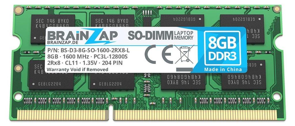 BRAINZAP 8GB DDR3 RAM SO-DIMM PC3L-12800S 2Rx8 1600 MHz Produktbild 