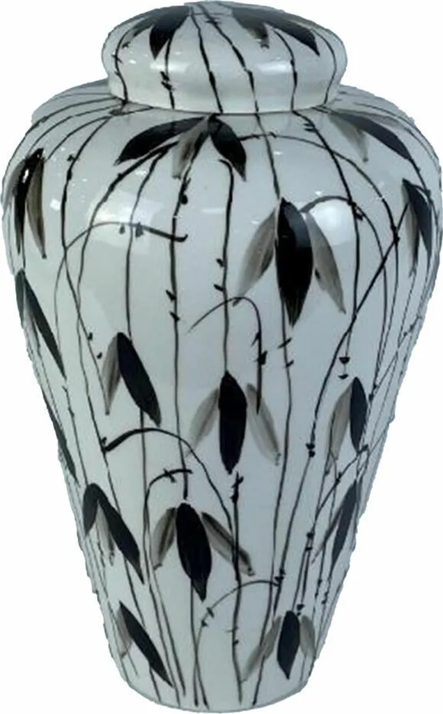 Vase en Porcelaine à Motif Feuille de Plante Oriental Noir et Blanc