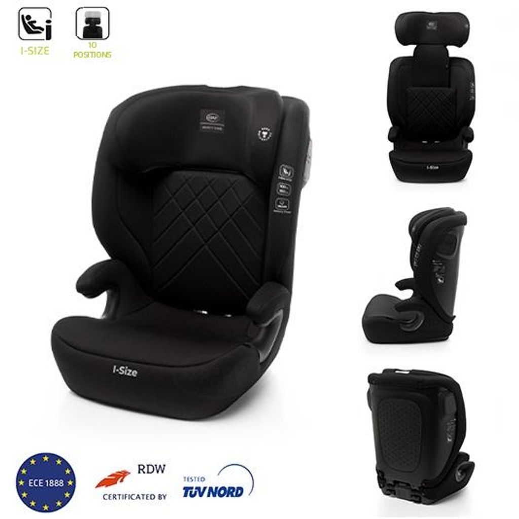 A black car seat is shown from multiple angles against a white background, along with certification logos.
