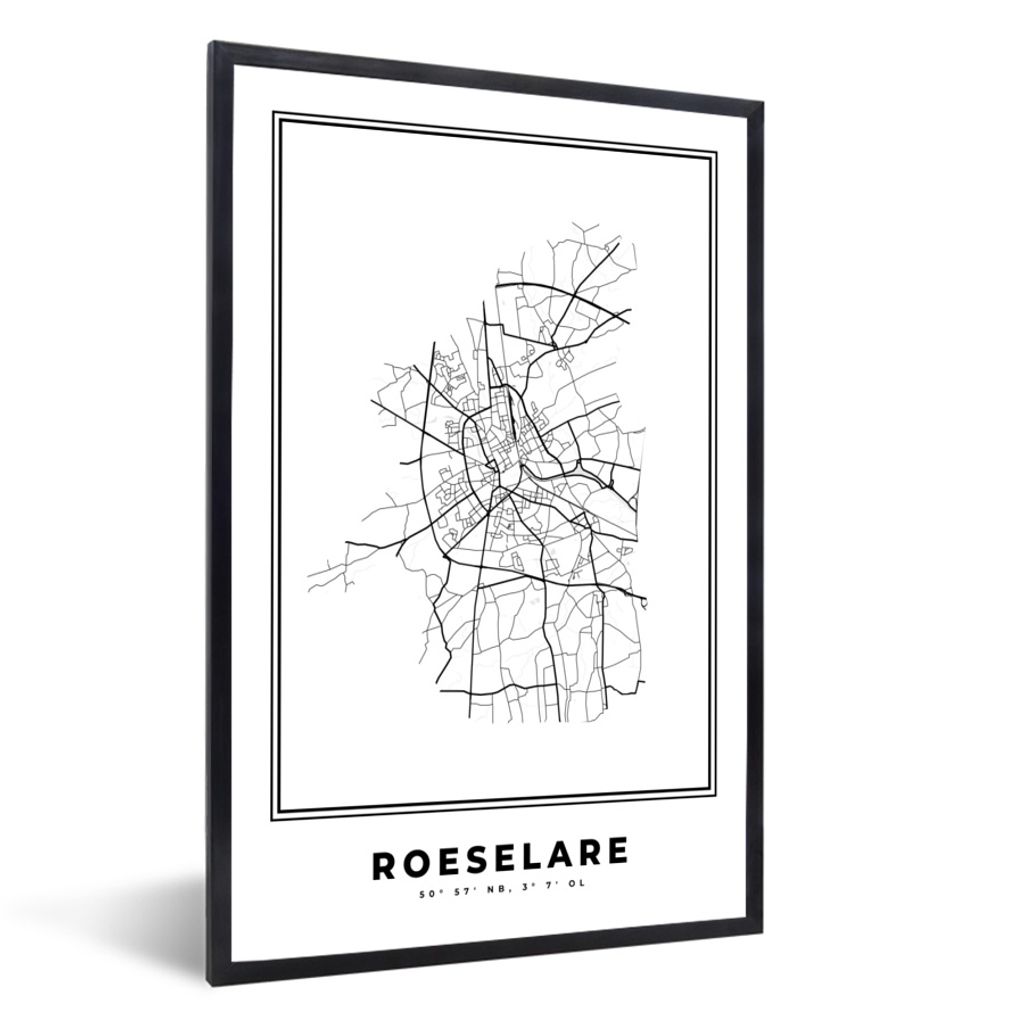 MuchoWow Gerahmtes Poster Karte - Roeselare - Belgien - Schwarz und weiß - Stadtplan 20x30 cm - Poster mit Schwarzem Bilderrahmen Wandposter Rah...