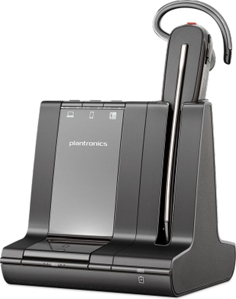 A black Plantronics Savi 8240 office headset and its charging base are shown against a white background.
