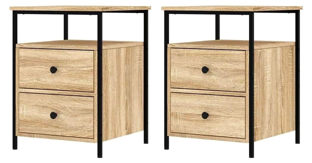 Nachttisch 2 Stück, Beistelltisch mit viel Stauraum, Nachtschrank mit verstellbaren Beinen, Nachtkommode aus Sonoma Eiche Holzwerkstoff
