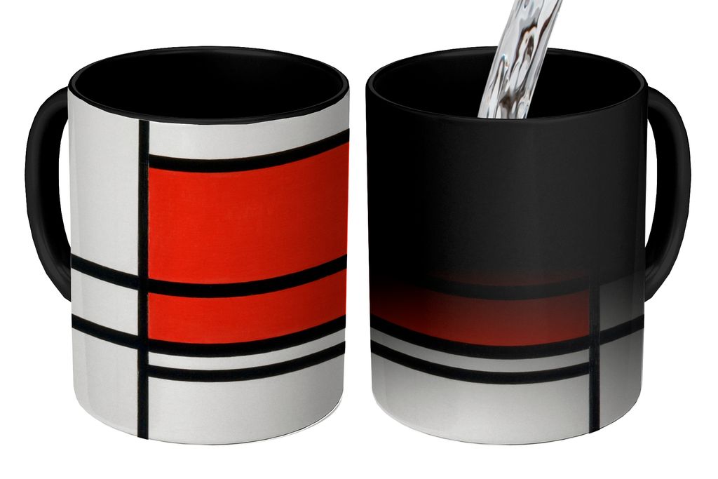 KitchenYeah Zauber Tasse Zaubertasse Magic Komposition mit Rot und Weiß - Piet Mondrian 350 ml Farbwechsel Becher Geschenk Geschenkidee - Magic-...