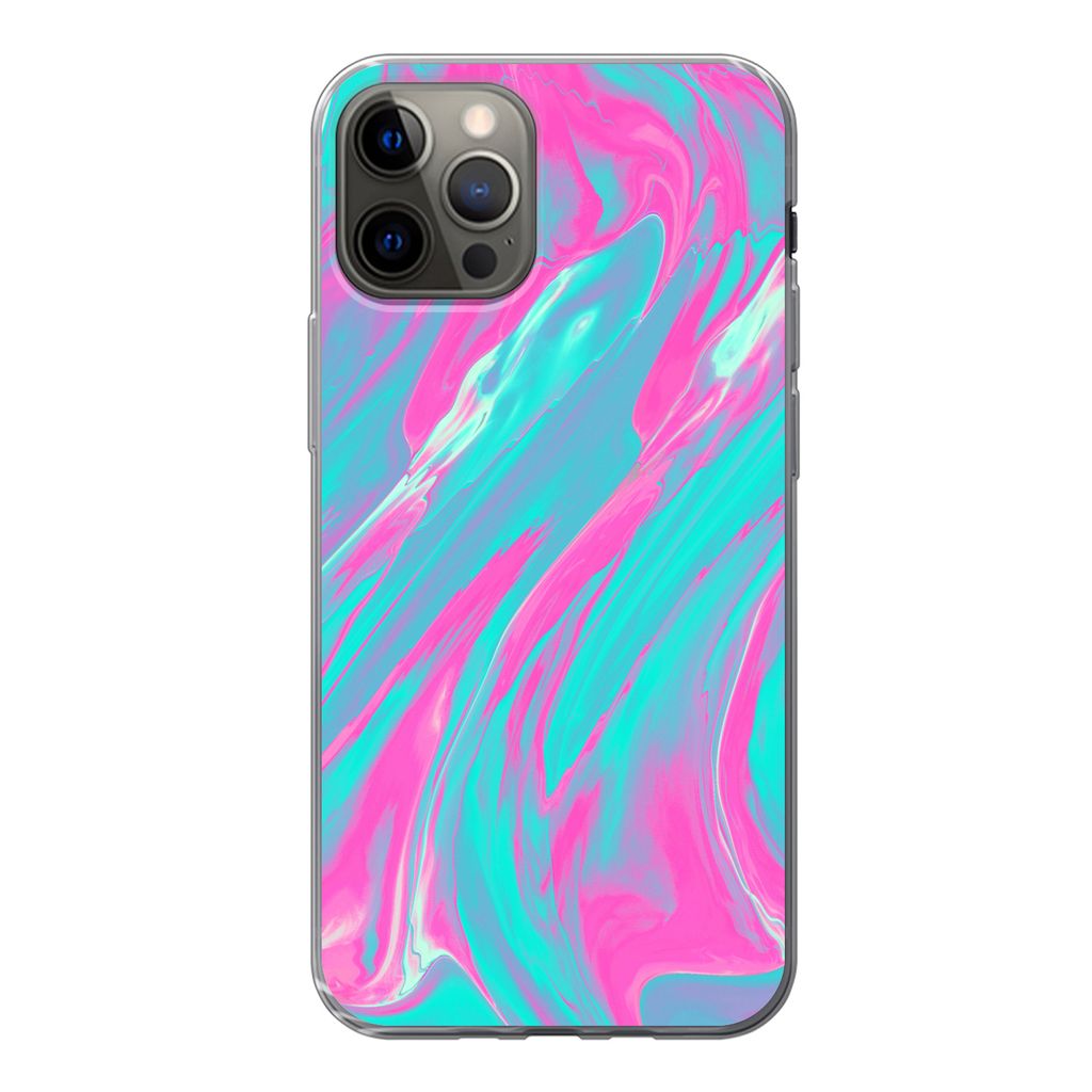 MuchoWow Handyhülle Schutzhülle Hülle für iPhone 12 Pro Kunst - Rosa - Blau - Psychedelisch Silikon Softcase Handy Hülle - Abdeckung