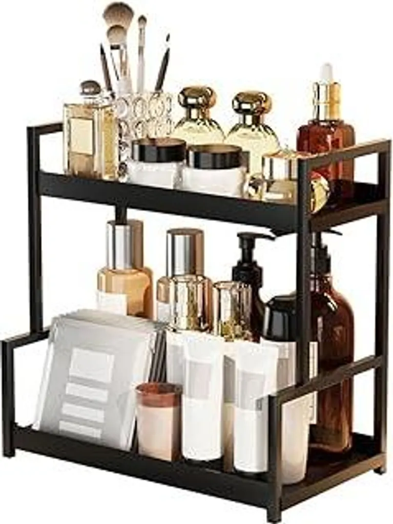 NUODWELL Organizer da bagno a 2 livelli, scaffale portaoggetti, organizer per profumi, organizer per trucchi per camera da letto, bagno, cucina (nero)