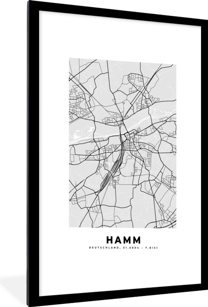MuchoWow Gerahmtes Poster Karte - Hamm - Stadtplan - Deutschland 60x90 cm - Poster mit Schwarzem Bilderrahmen Wandposter Rahmen Foto Bilder - Dek...