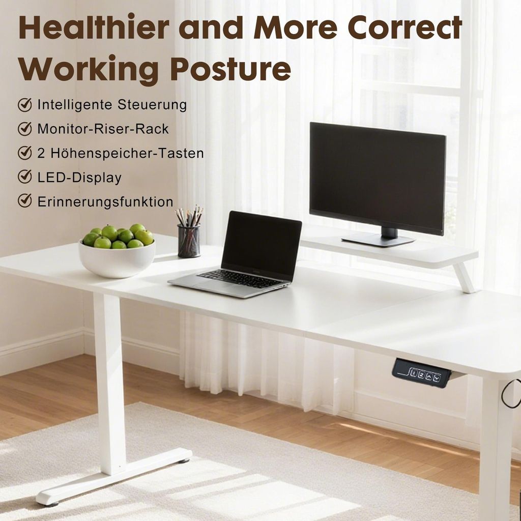 Ergonomischer Schreibtisch Elektrisch Höhenverstellbar, 120x60cm Weißer Stehtisch mit Monitorständer, Memory-Funktion & Leiser Motor, Modernes D...