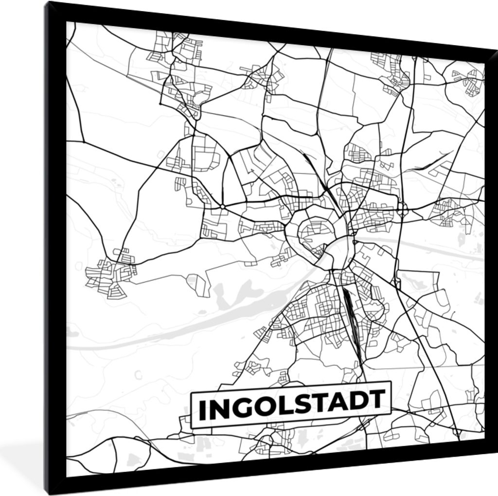 MuchoWow Gerahmtes Poster Karte - Ingolstadt - Karte - Stadtplan 40x40 cm - Poster mit Schwarzem Bilderrahmen Wandposter Rahmen Foto Bilder - Mit...
