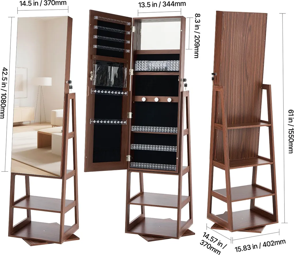 VEVOR Armadio portagioie girevole a 360° (altezza 155 mm) con specchio a figura intera e spazio per riporre i gioielli, organizer per gioielli con 2 chiavi, tasche per accessori e scomparti per riporre i gioielli - 8