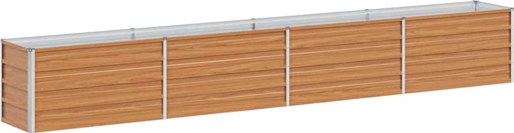A long, modular raised garden bed with a wood-like finish and silver metal accents, shown against a white background.