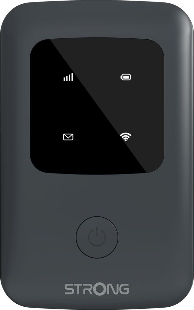 A gray mobile hotspot device with a black screen is shown against a white background.