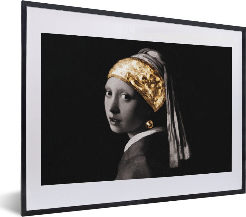 MuchoWow Gerahmtes Poster Mädchen mit Perlenohrring - Vermeer - Gold - Schwarz - Weiß 40x30 cm - Poster mit Schwarzem Bilderrahmen Wandposter R...