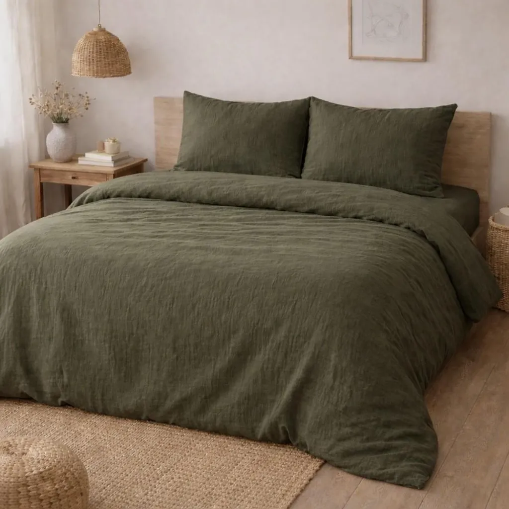 Parure de lit 260x240 pour lit King Size Alia en gaze de coton vert kaki