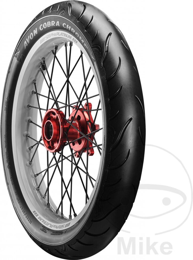 A motorcycle tire mounted on a spoked wheel with a red hub.