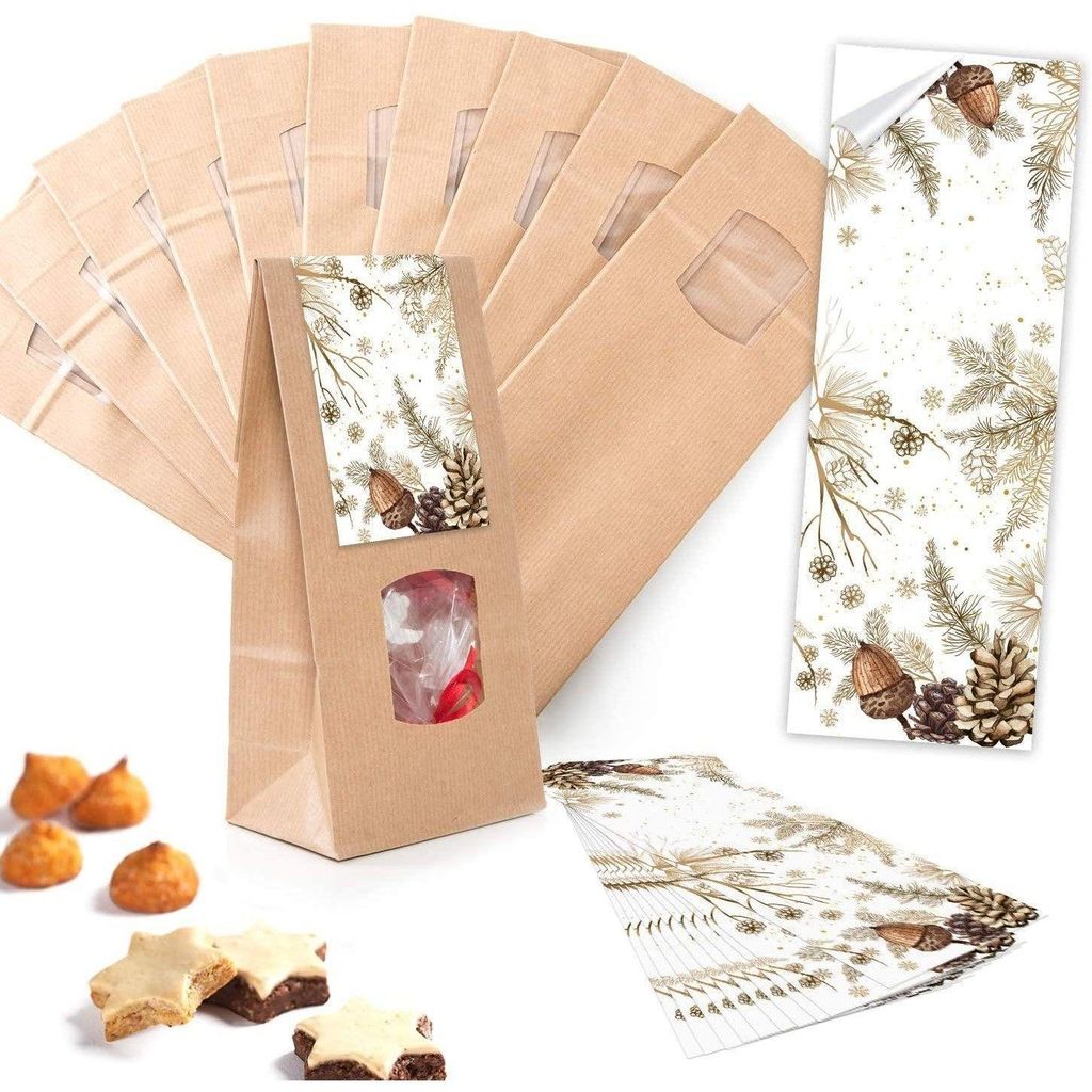 Logbuch-Verlag 10 braune Blockbodenbeutel + bunte Aufkleber - Geschenktüten mit Fenster zum Befüllen - für Lebensmittel geeignetHerbstliche Zweige