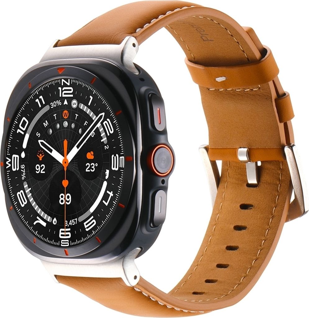 A smartwatch with a brown leather band is displayed against a white background.
