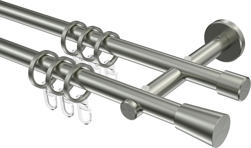 Interdeco Gardinenstange / Vorhangstange Edelstahl-Optik, Typ Medium Carelli (Konus), 16 mm Ø 2-läufig, 440 cm