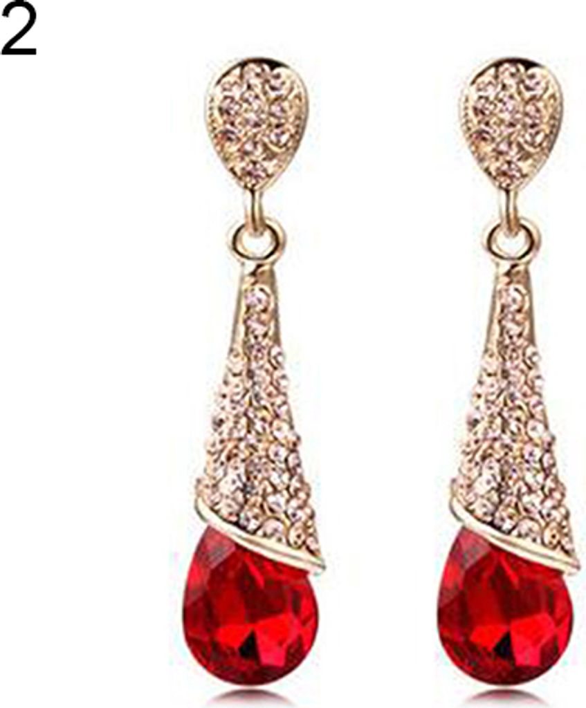 Frauen Waterdrop Kronleuchter Strass voller Zirkon Ohrringe Ohrstecker Ohrclip-Rot (Stud)