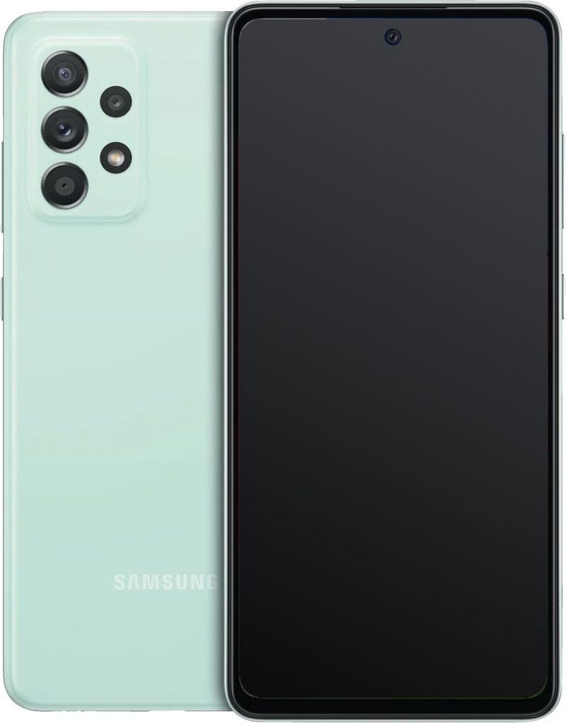 A Samsung Galaxy A52s 5G smartphone is shown from the back and front.