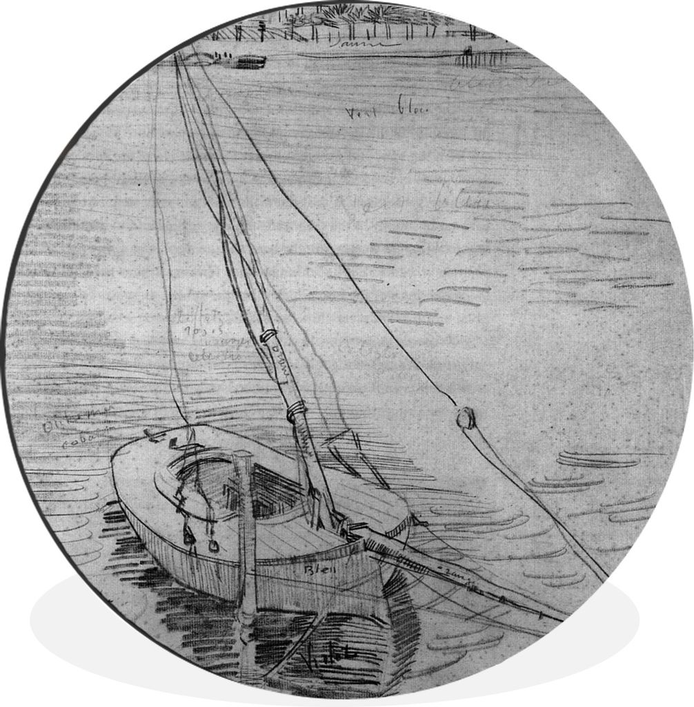 MuchoWow Aluminium Wandkreis Segelboot auf der Seine bei Asnières - Vincent van Gogh - Schwarz und weiß Ø 30 cm Wanddeko Modern Wohnzimmer - W...
