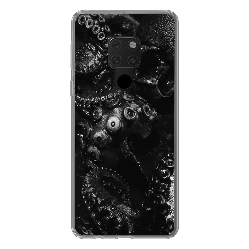 MuchoWow Handyhülle Schutzhülle Hülle für Huawei P40 Lite Nahaufnahme Oktopus auf schwarzem Hintergrund in schwarz und weiß Silikon Softcase...