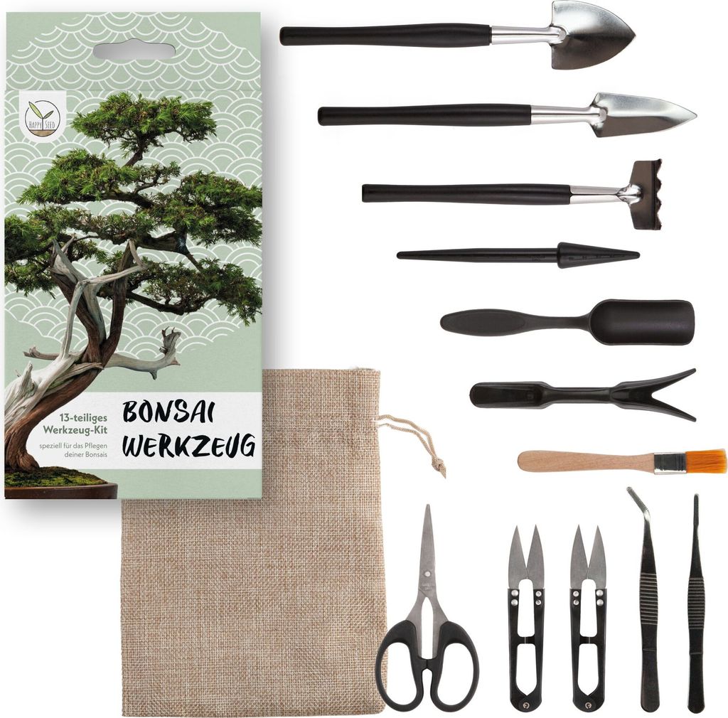 HappySeed Bonsai Werkzeug-Set 13-teilig mit praktischem Produktbild 