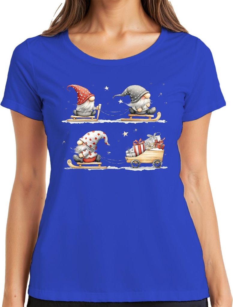 Weihnachtswichtel Schlitten Geschenke Sterne Schnee Niedlich Damen T-Shirt, Blau, XXL