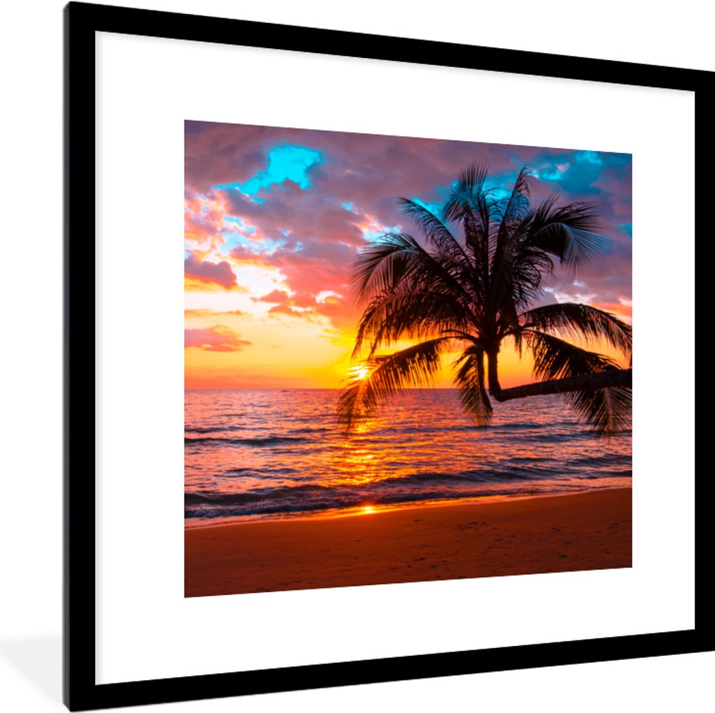 MuchoWow Gerahmtes Poster Palme - Sonnenuntergang - Strand - Meer - Horizont 40x40 cm - Poster mit Schwarzem Bilderrahmen Wandposter Rahmen Foto ...