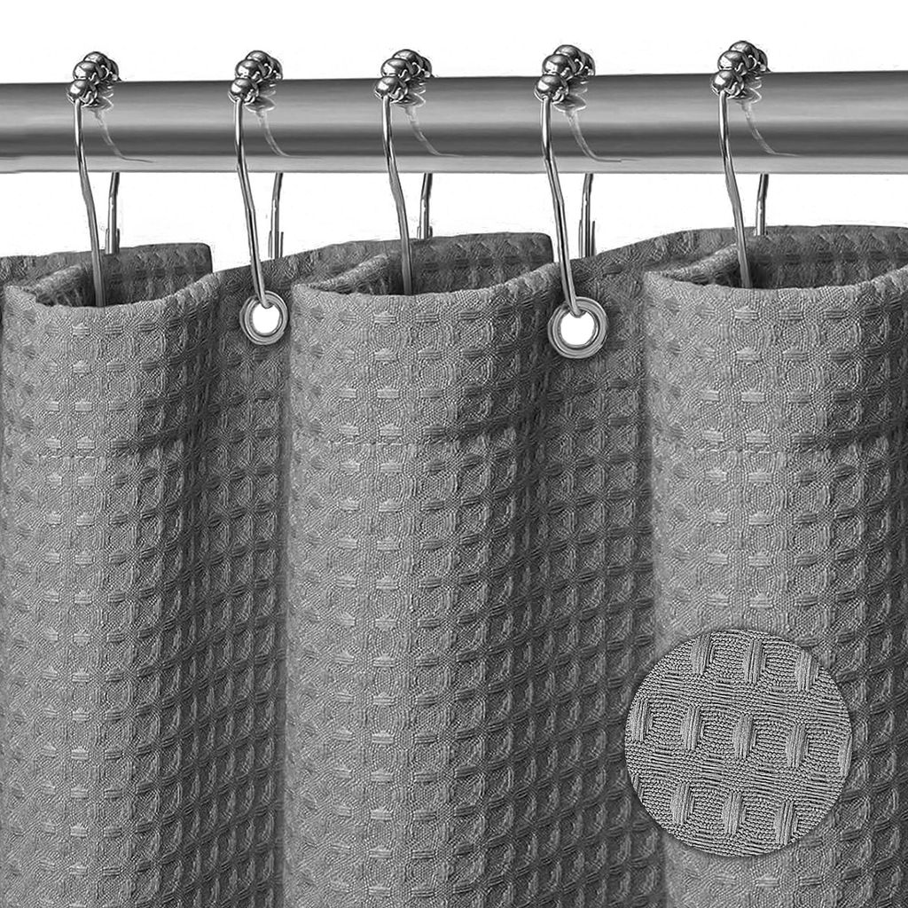 Waschbarer Duschvorhang aus Polyestergewebe mit 12 Metallringen, wasserdicht für Dusche und Badewanne, 180 x 200 cm, Waffelgrau