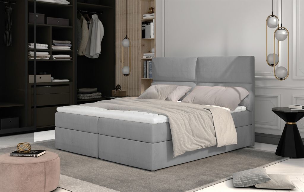 Boxspringbett Schlafzimmerbett HAZEL 140x200cm Stoff Monolith Hellgrau