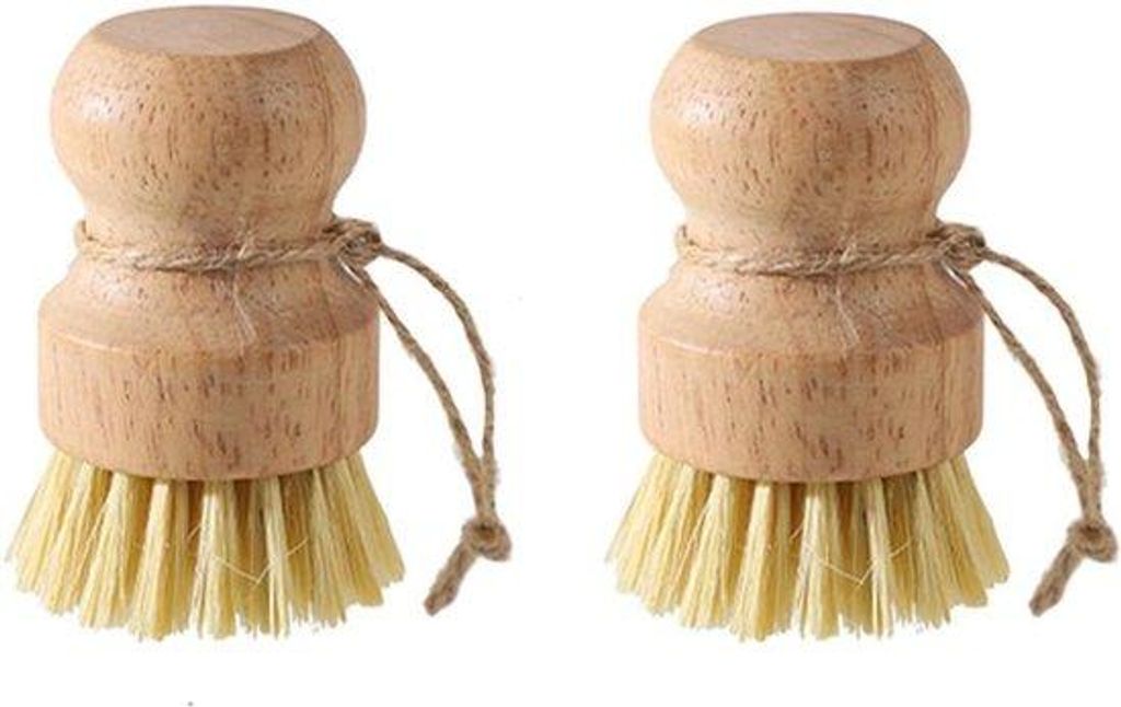 Afwasborstel aus Bambus, 2 Stück, runde Küchenborste, Palm-Schubborste, natürliche Sisal-Borsten, Schuurborstel für Geschirr, Pott, Pfanne, Kü...