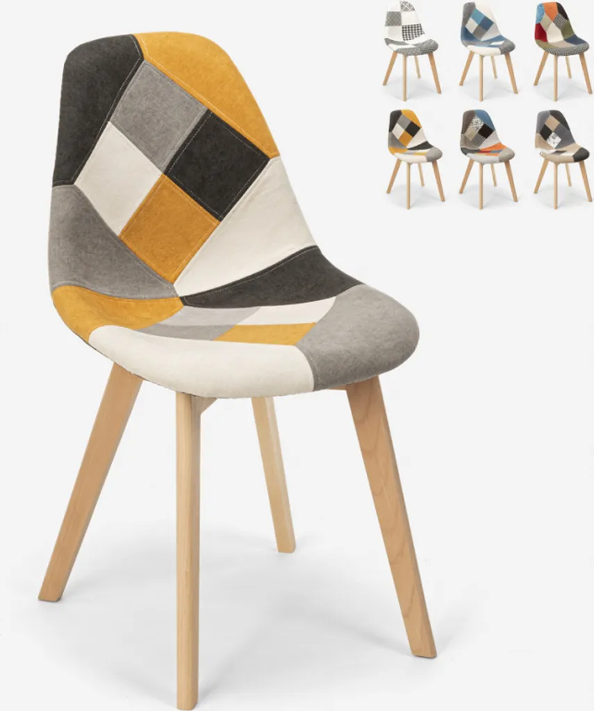 Chaise de salle à manger Patchwork Robin 2 avec pieds en hêtre naturel