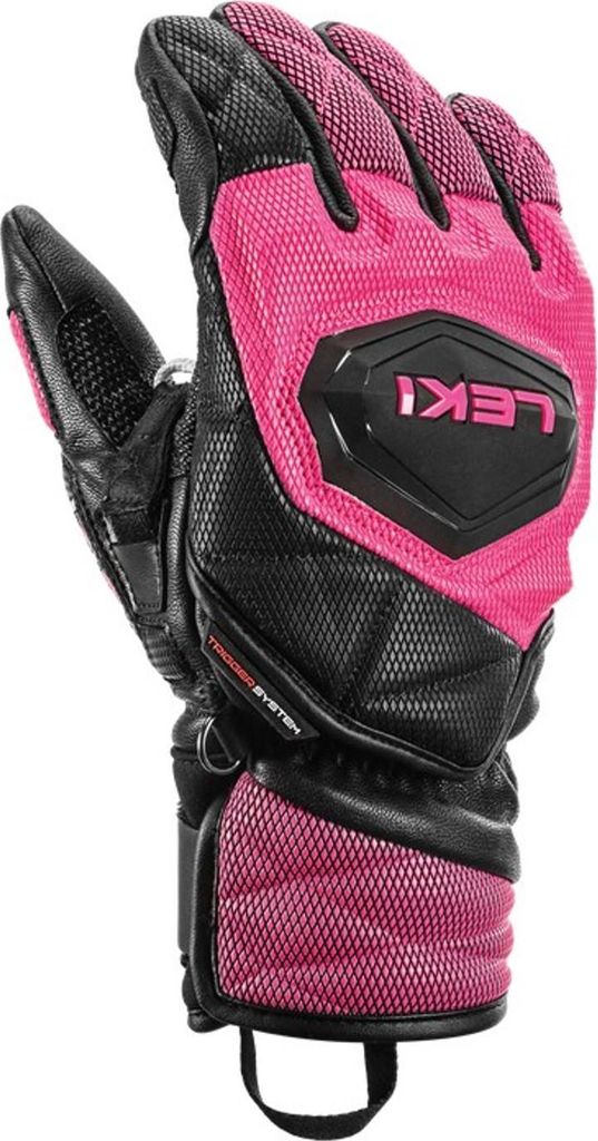 A single pink and black ski glove is shown against a white background.