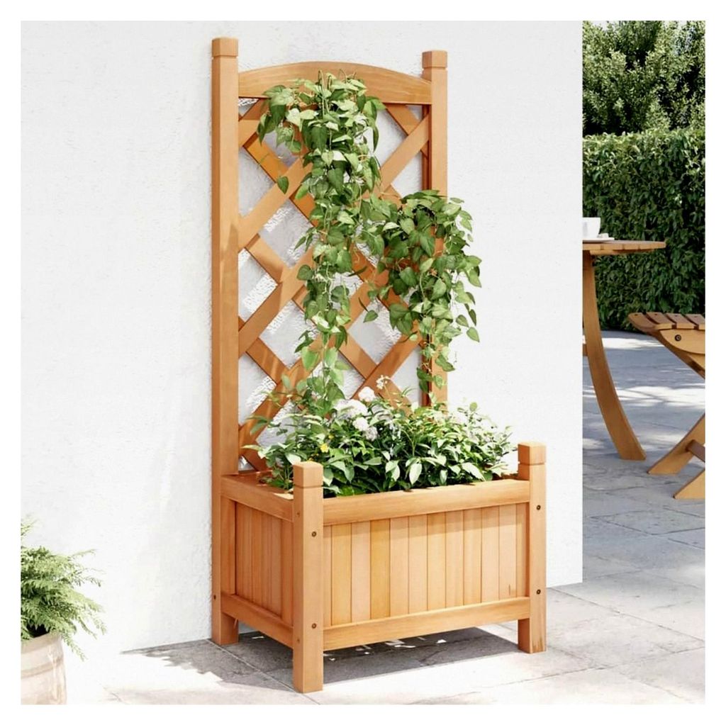 Blumenkasten mit braunem Gitter aus Massivholz, Tanne, Hochbeet, Pflanzgefäß für Blumen und Sukkulenten, Terrasse und Balkon