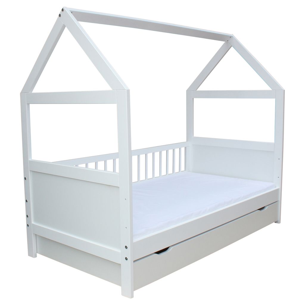 Babybett Kinderbett Juniorbett Bett Haus 140x70 cm umbaubar mit Schublade weiss 