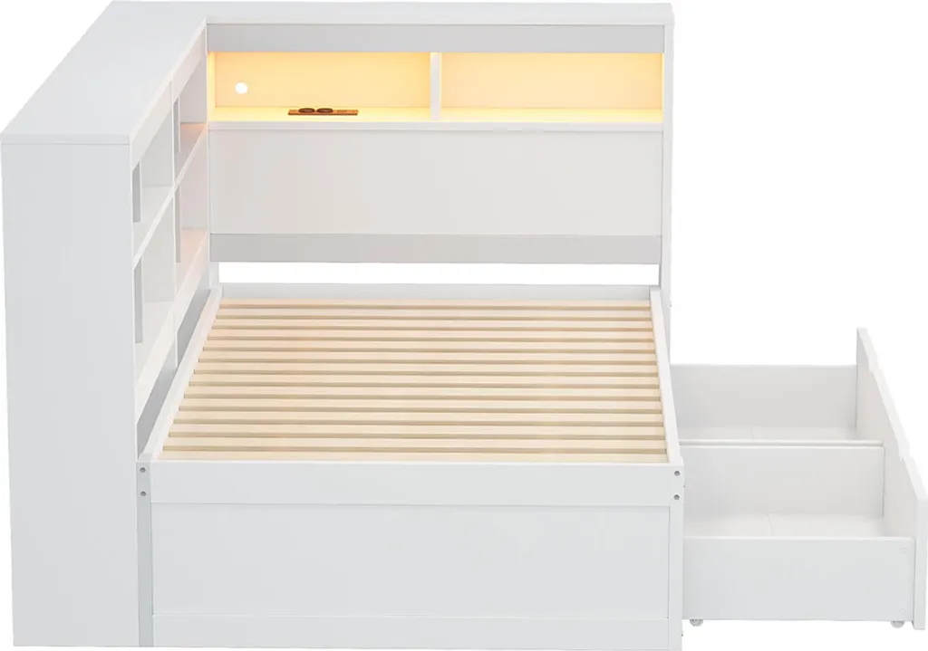 Lit Simple 90x200 cm en Bois Blanc avec Rangement et Prises Intégrées - 7