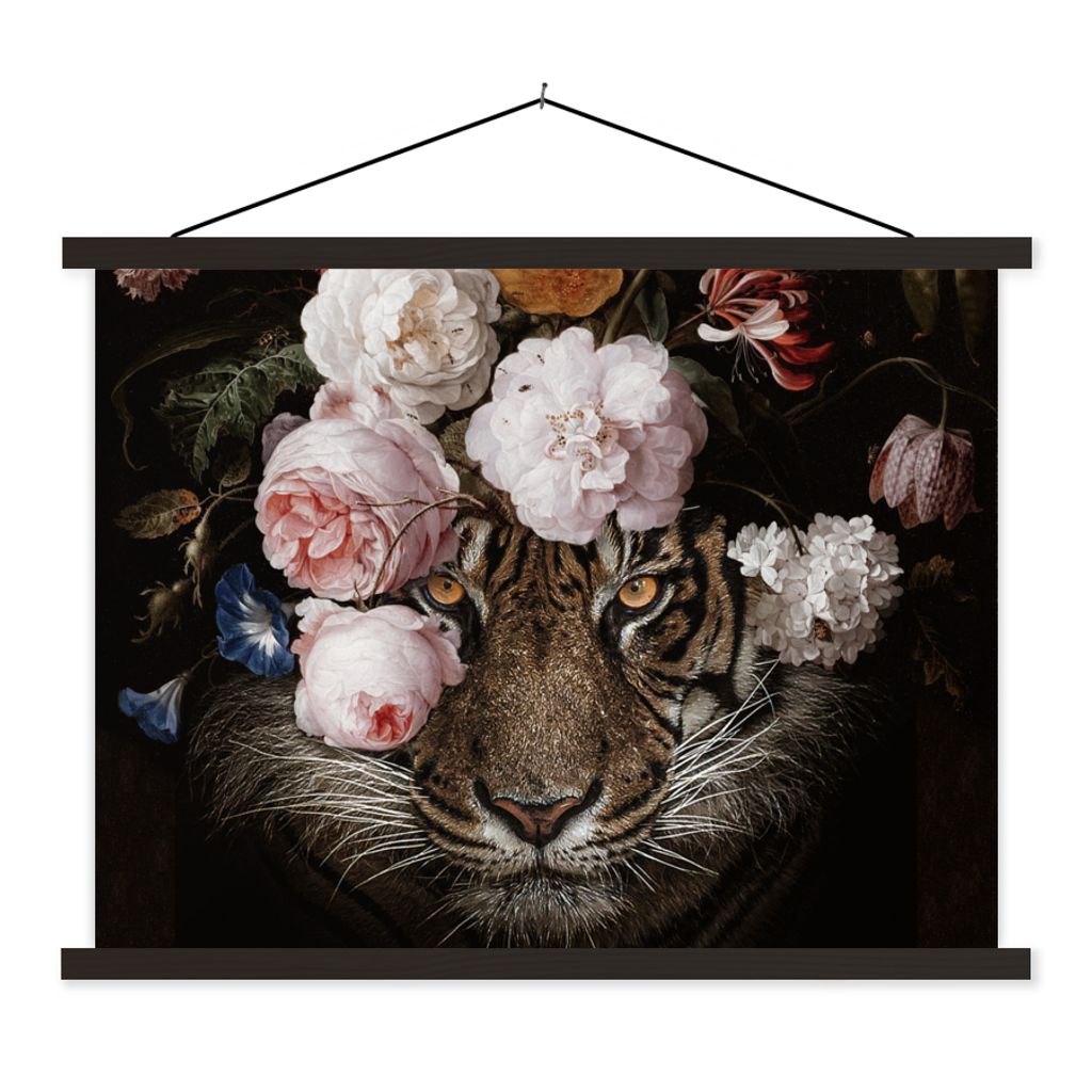 MuchoWow Textilposter Blumen - Jan Davidsz de Heem - Tiger - Gemälde - Stillleben - Alte Meister 150x113 cm mit holzfarbenen Rahmen - Poster