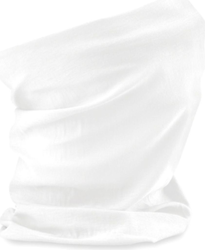 A white fabric scarf or neck gaiter is shown against a white background.