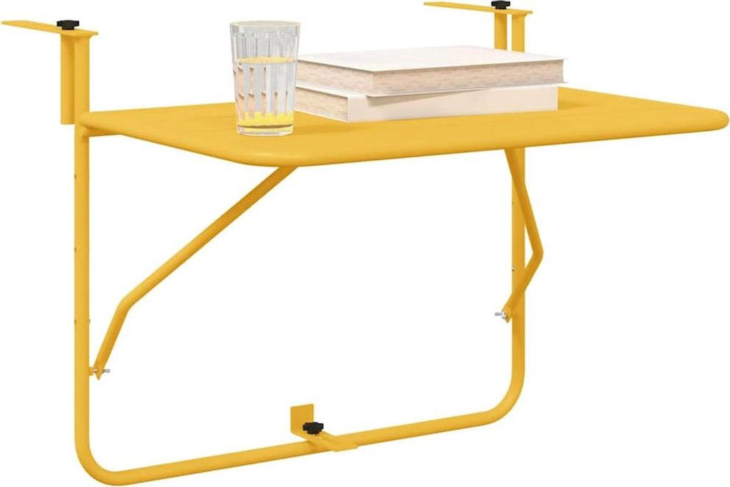 A yellow metal balcony table with a glass of water and two books on it, against a white background.